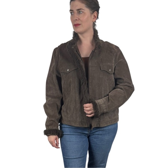 Y2K CROPPED SUEDE LEATHER FAUX FUR TRIM CHOCOLATE BROWN JACKET COLDWATER CREEK - Picture 1 of 15